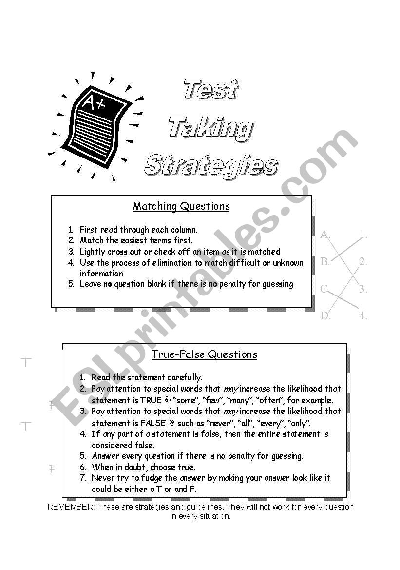Test Taking Strategies worksheet