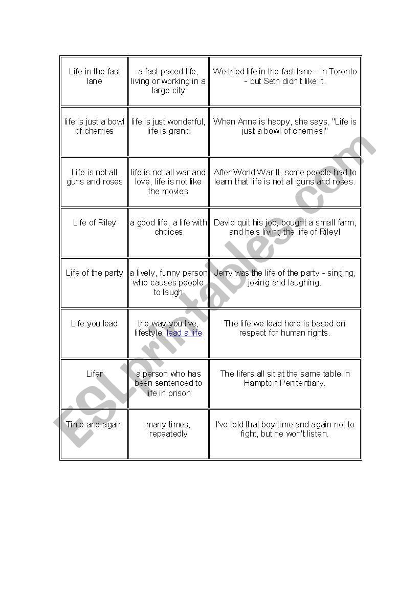 Time and Life idioms worksheet