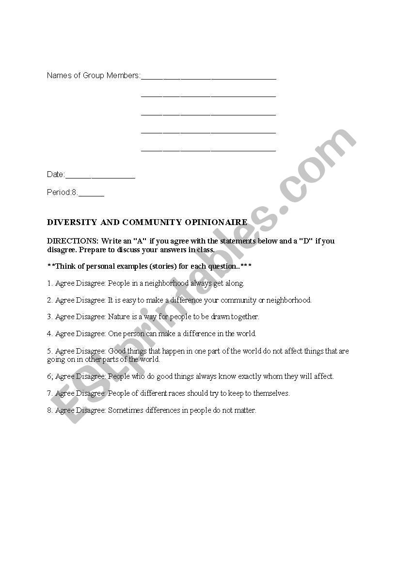 Group Questionaire worksheet