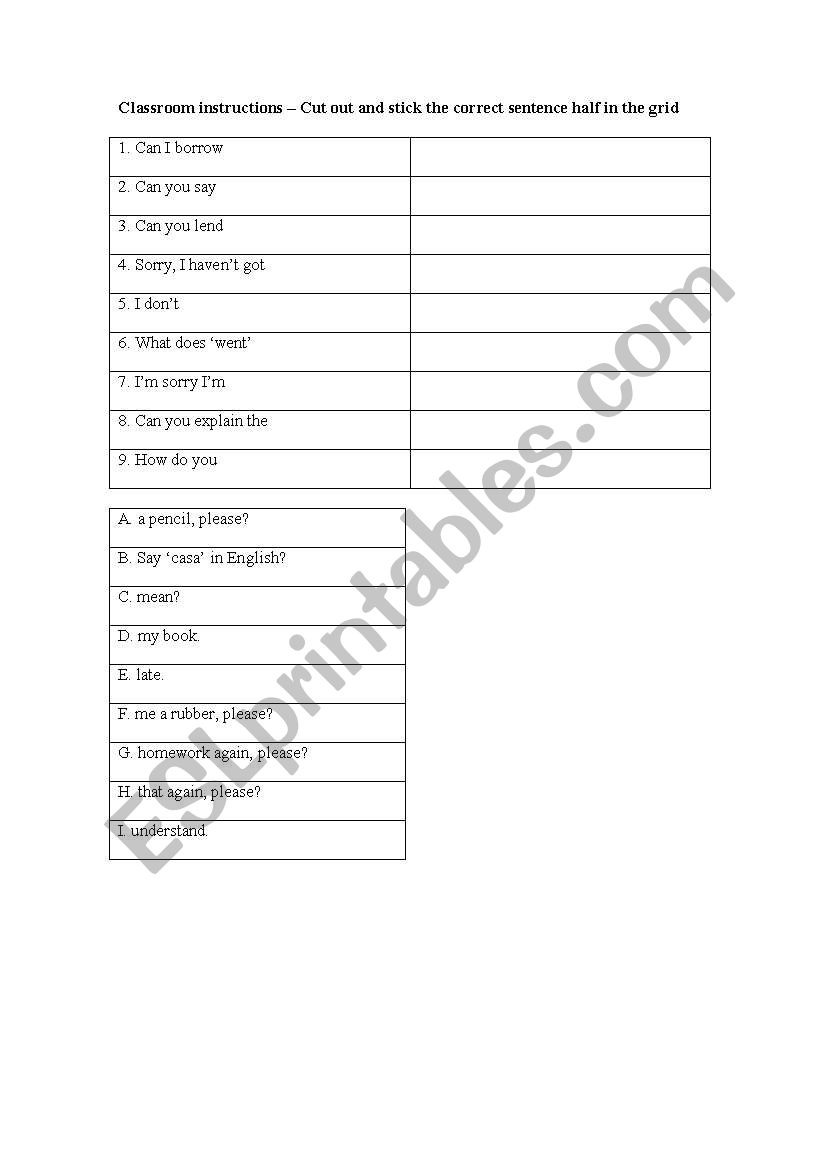 classroom phrases cut and match