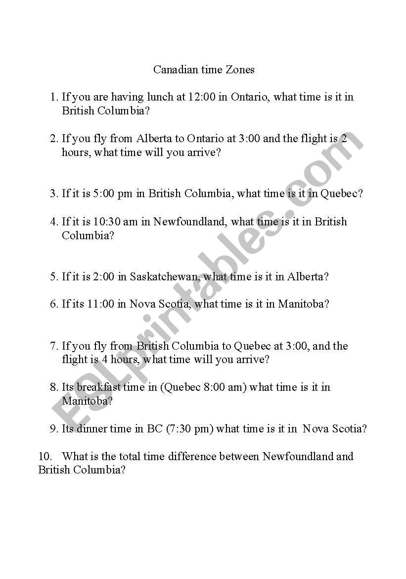 Canadian Time Zones worksheet