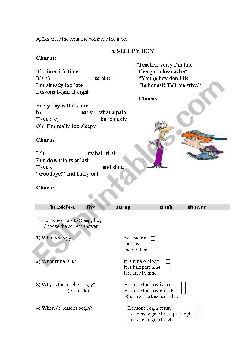 sleepy boy question words worksheet