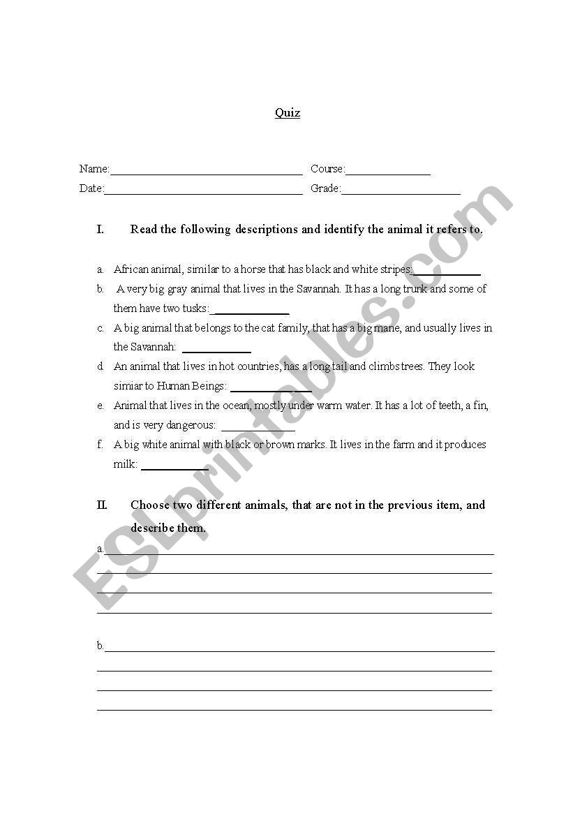 Description Quiz worksheet