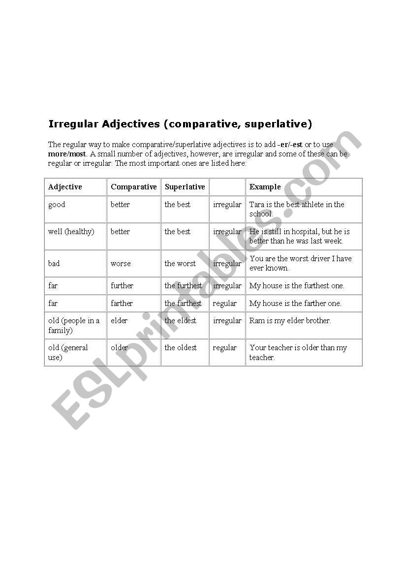 Irregular Adjectives worksheet