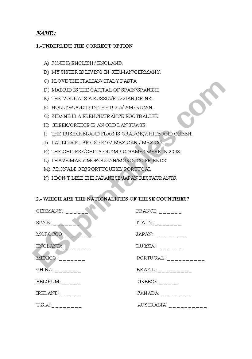 nationalities worksheet