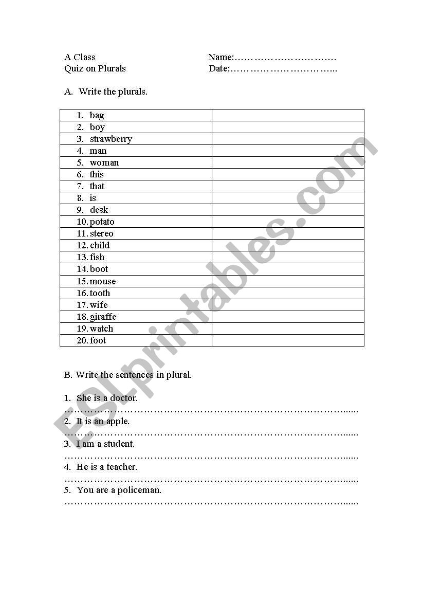 Plurals worksheet