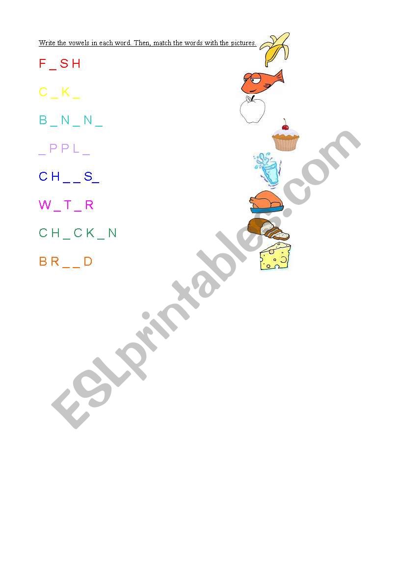 food and vowels worksheet