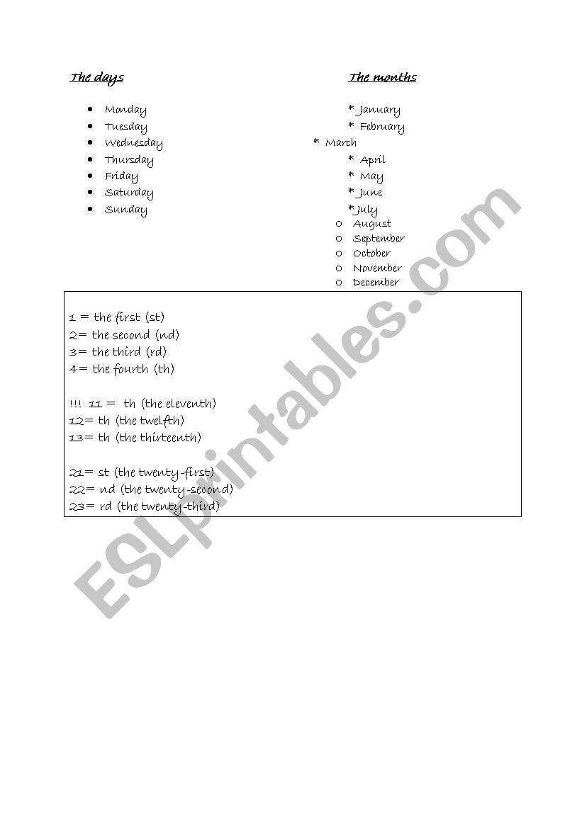 Days and months + dates worksheet