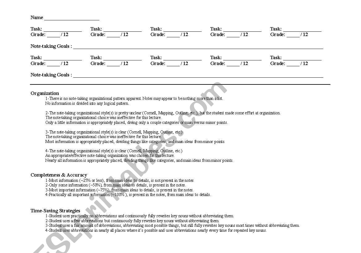 Note-taking Rubric worksheet