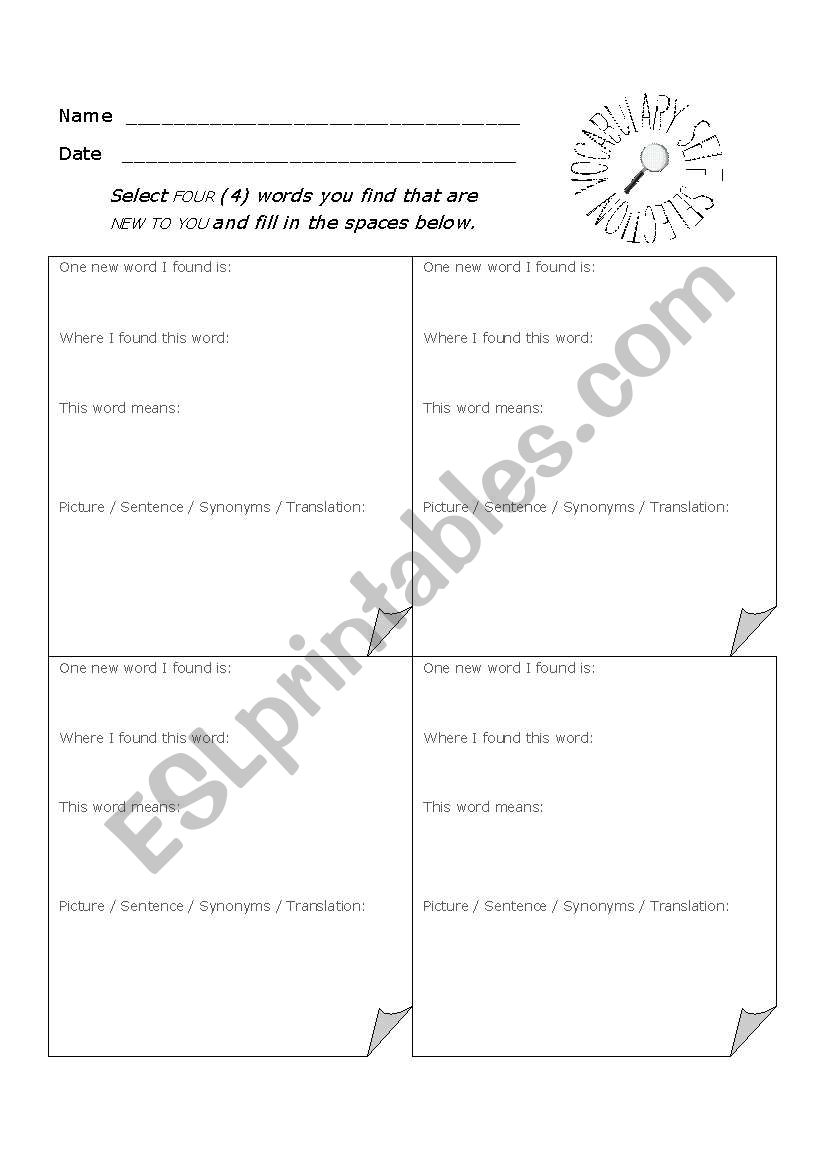 Vocabulary Self Selection Worksheet