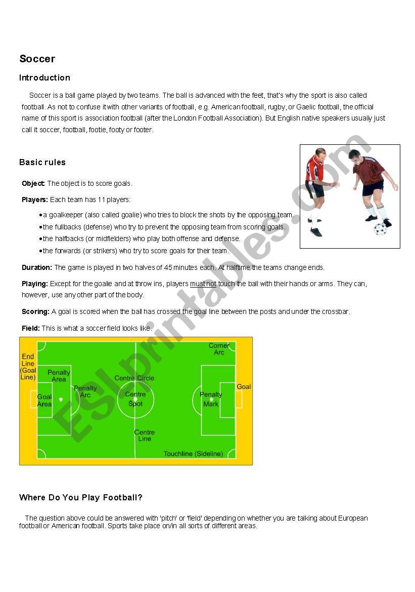 English Worksheets Learning About Soccer