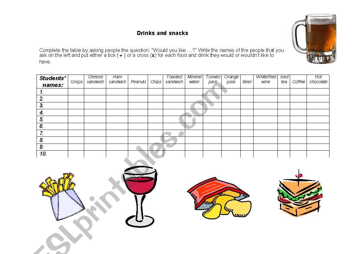 Drinks and snacks worksheet