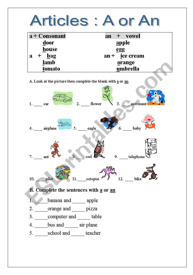 Articles worksheet