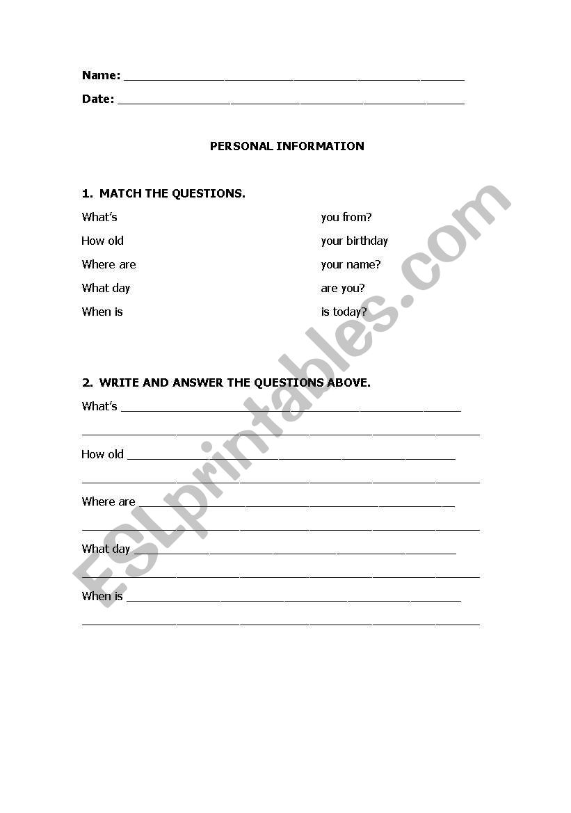 Personal info worksheet