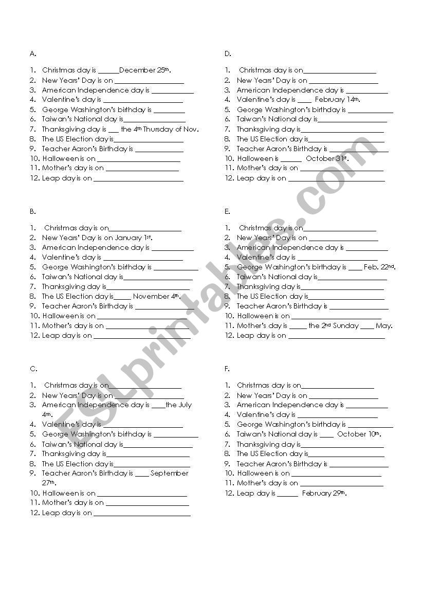 Holiday Dates worksheet