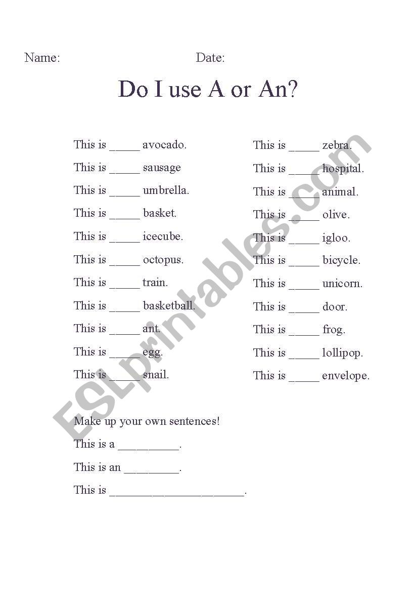 Do I use a or an? worksheet