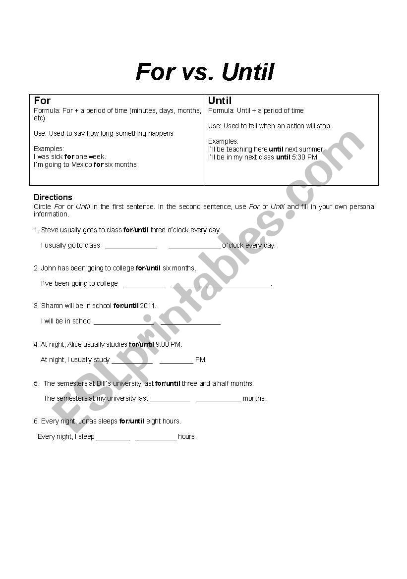 English worksheets: For vs. Until