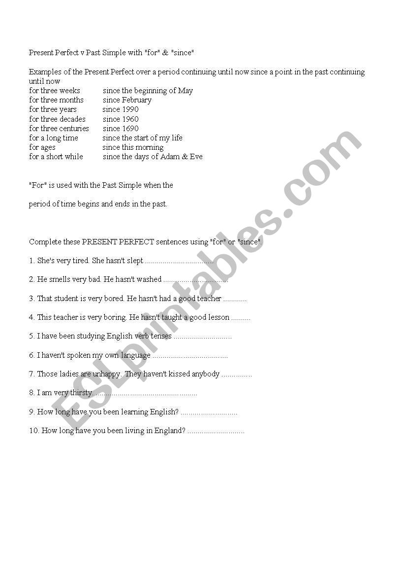 present perfect for and since worksheet