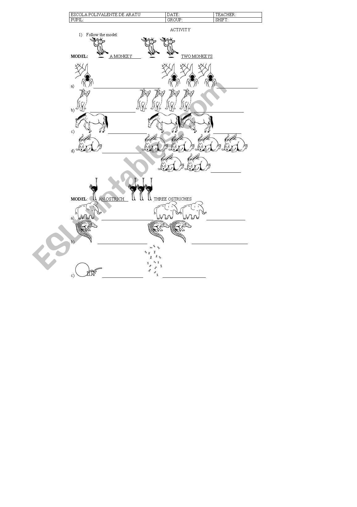 ANIMAL  SINGULAR AND PLURAL FORMS