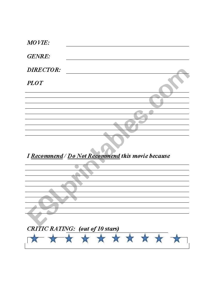 Movie Critic/Movie review worksheet for students