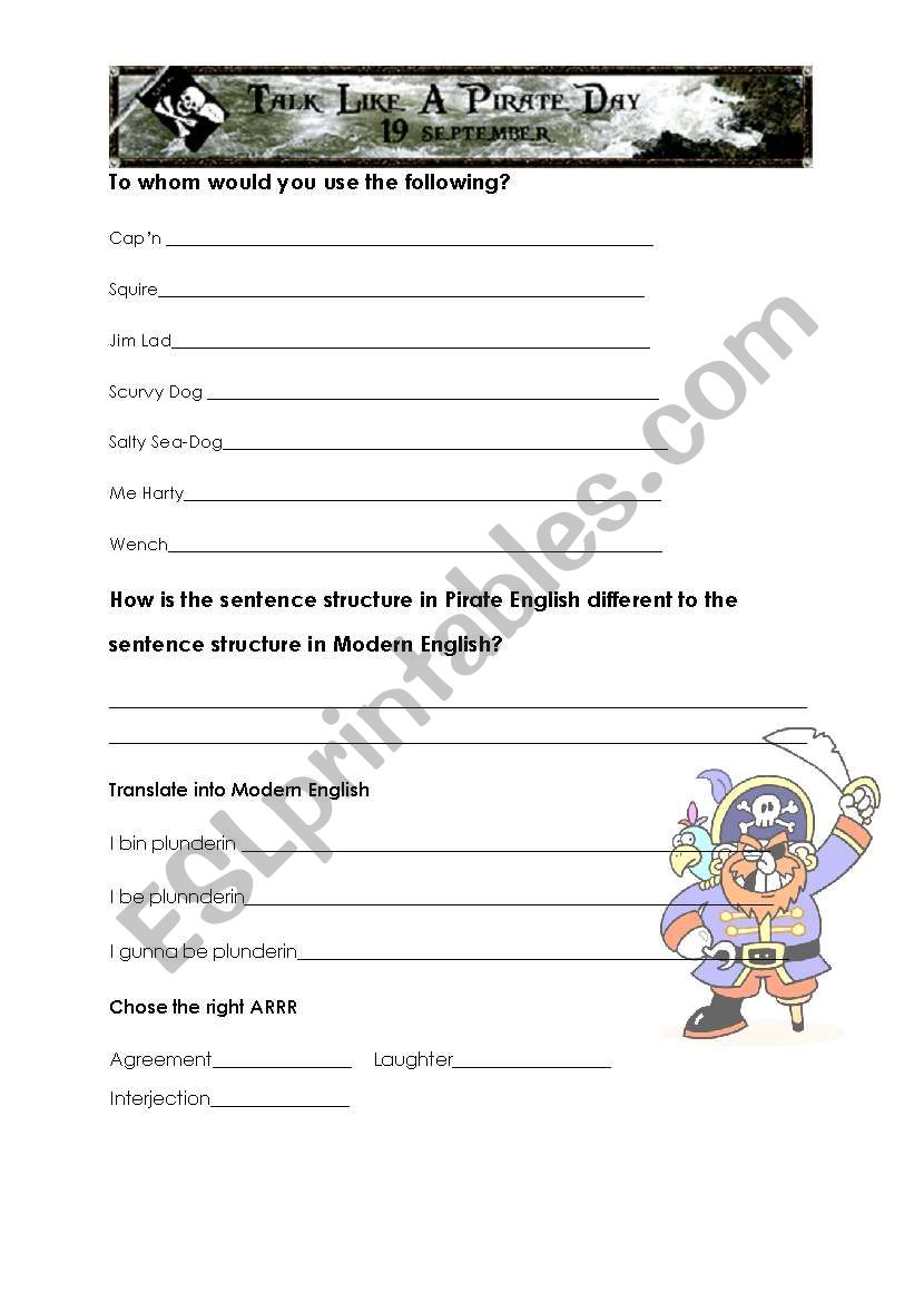 Talk like a pirate day worksheet