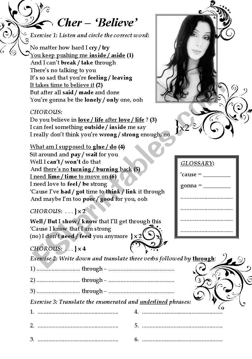 Cher ´Believe´ song worksheet