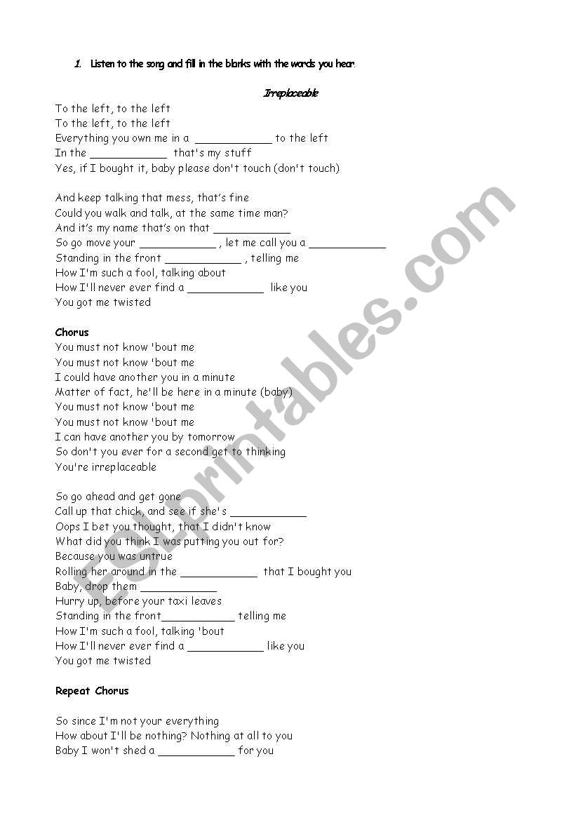 Irreplaceable - by Beyonc worksheet