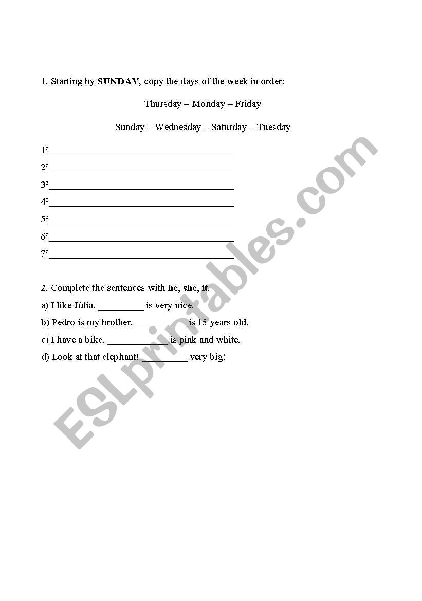 Dias da semana e pronomes worksheet