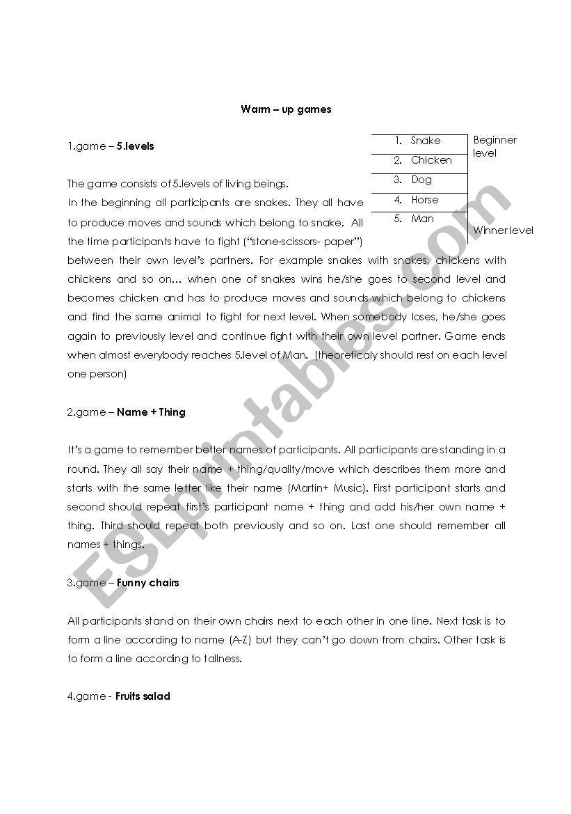 5 warm - up games worksheet