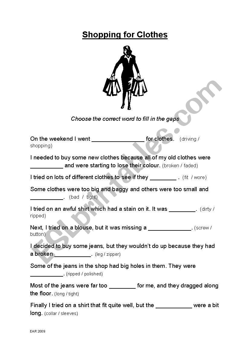 English worksheets: Shopping For Clothes Gap Fill