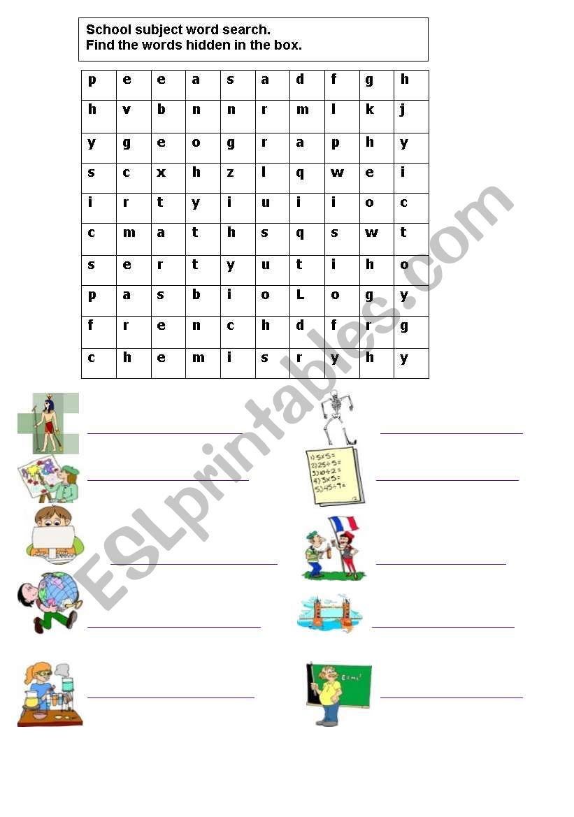 School subject word search worksheet