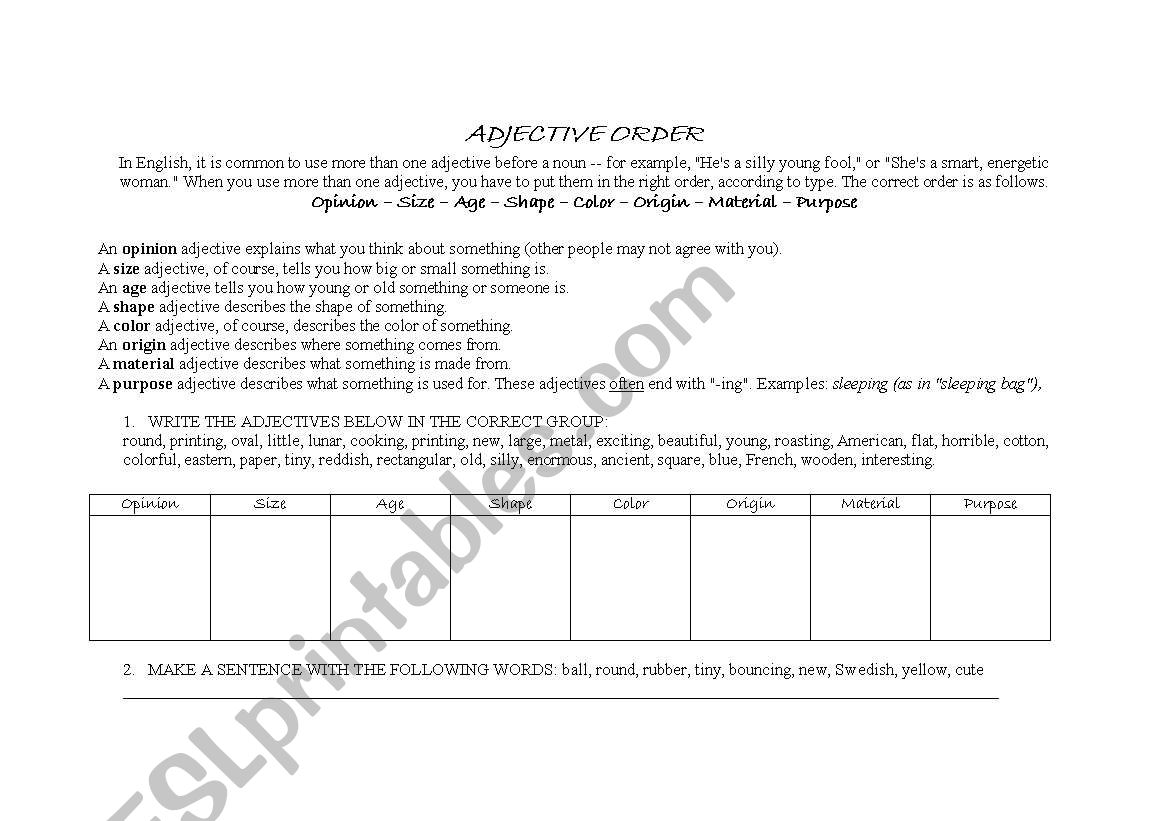 ORDER OF ADJECTIVES worksheet