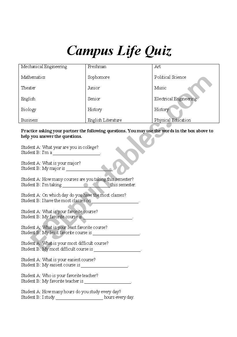 Campus Life Quiz worksheet