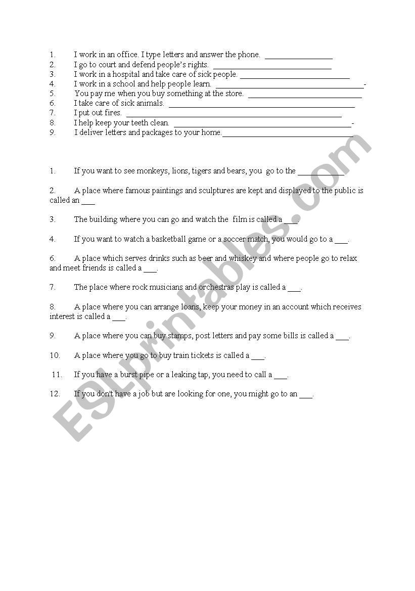 jobs and place worksheet