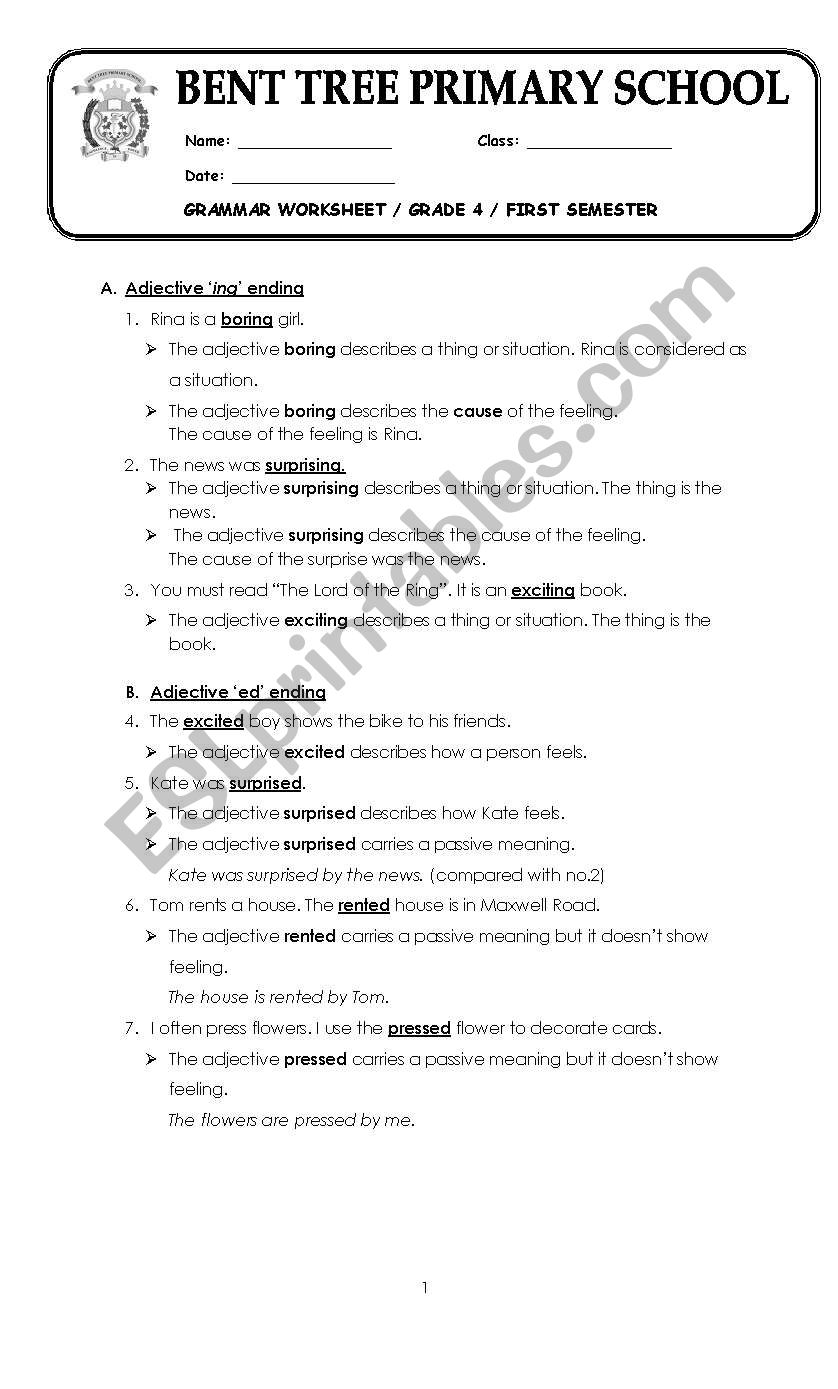 Adjective ing and ed ending worksheet
