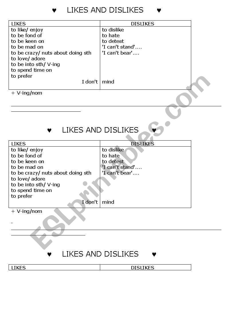 LIKES AND DISLIKES worksheet