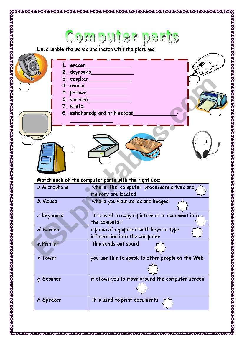 Parts of The Computer Worksheet, with Answer Keys by HajarTeachingTools
