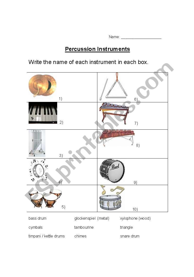 English worksheets Percussion Instruments