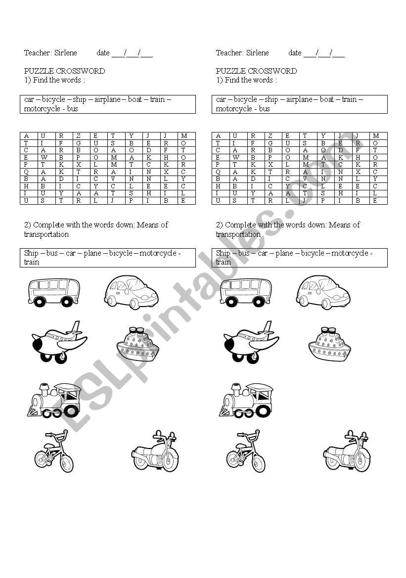 means of transportation worksheet