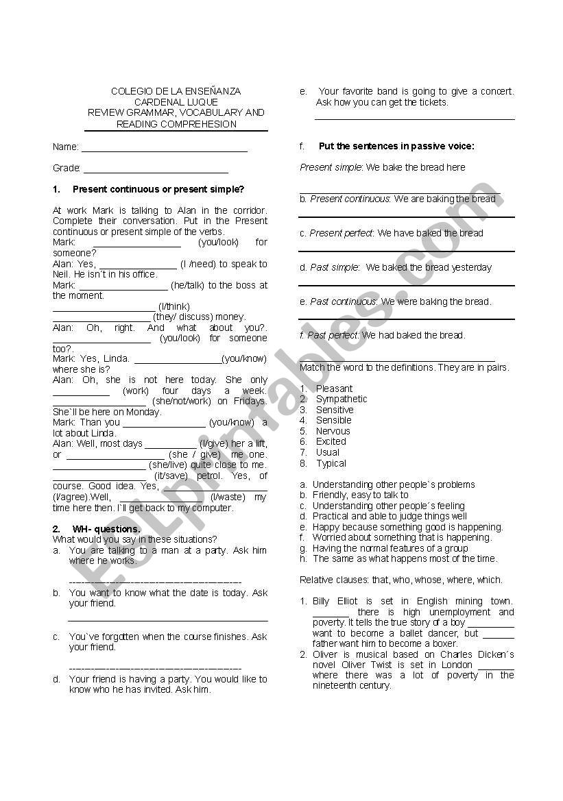 GRAMMAR REVIEW worksheet