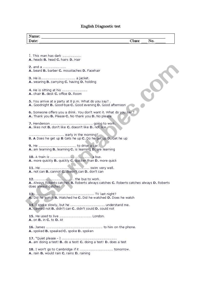 diagnostic test  worksheet