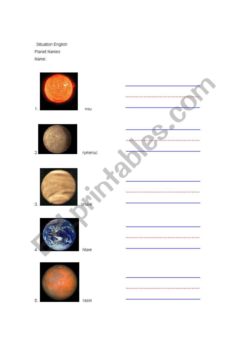 name of the planets worksheet