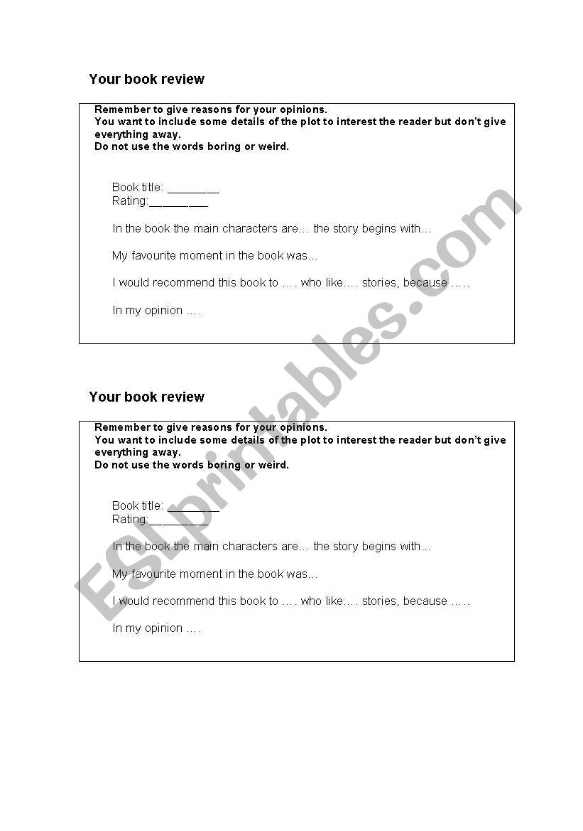 Book review writing frame worksheet