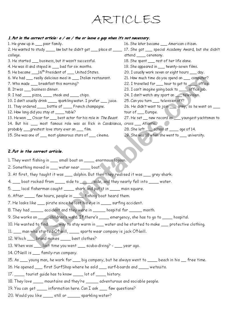 Articles worksheet