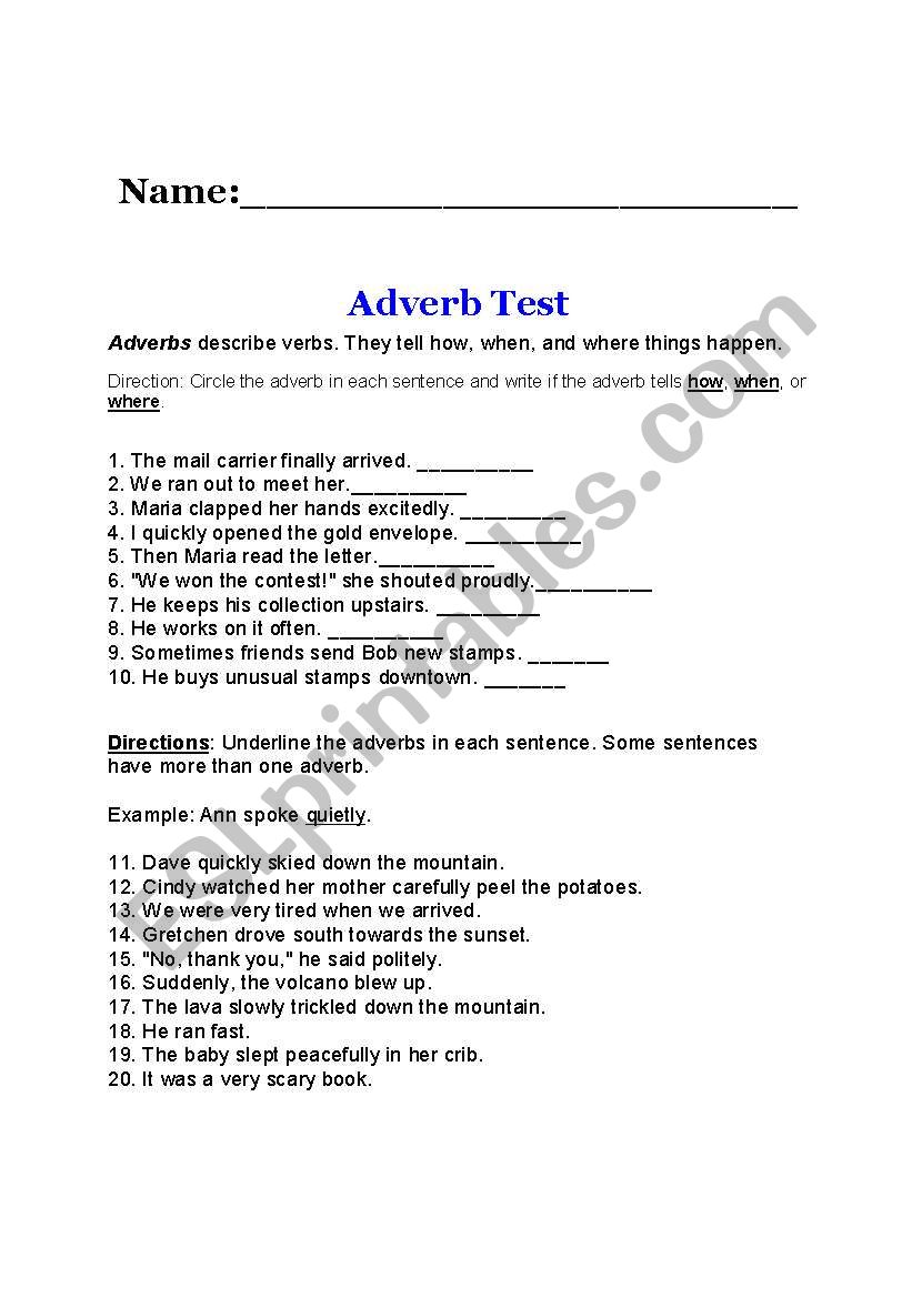 Adverb test worksheet