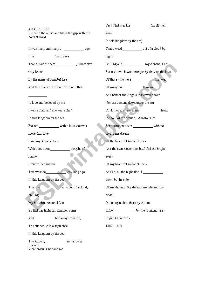 anabel Lee listening activity worksheet