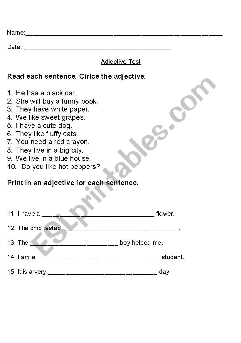 English Worksheets Adjective Test