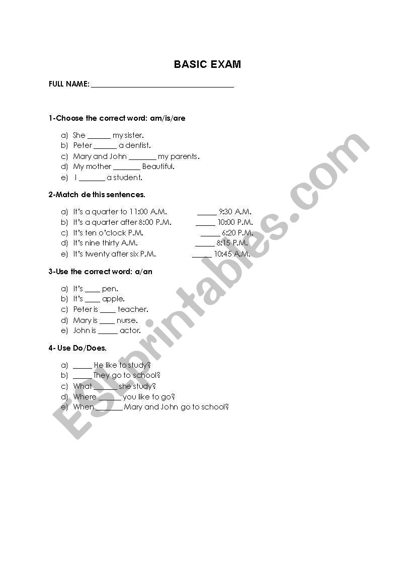 Basic exam worksheet