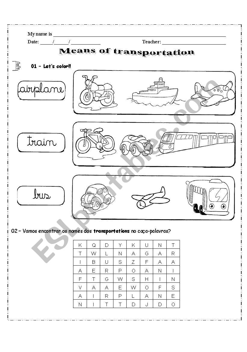 Means of trasportation worksheet