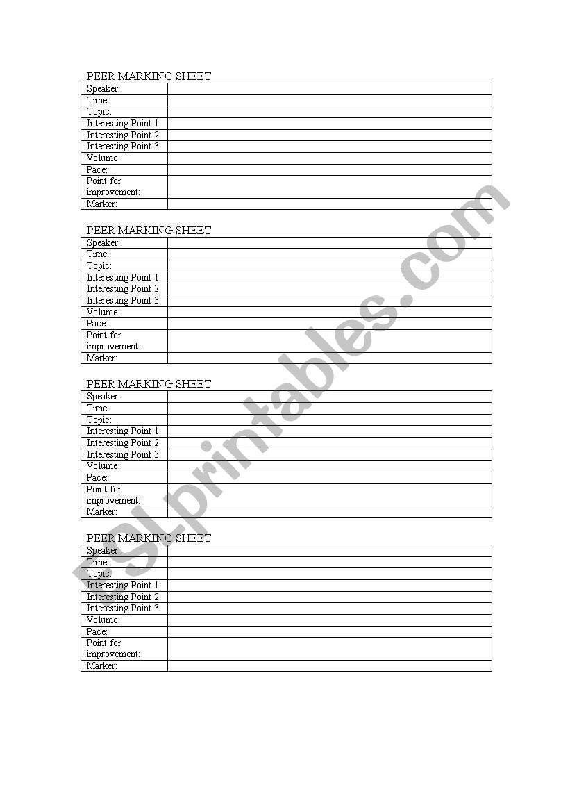 Peer Marking Sheet for Speeches